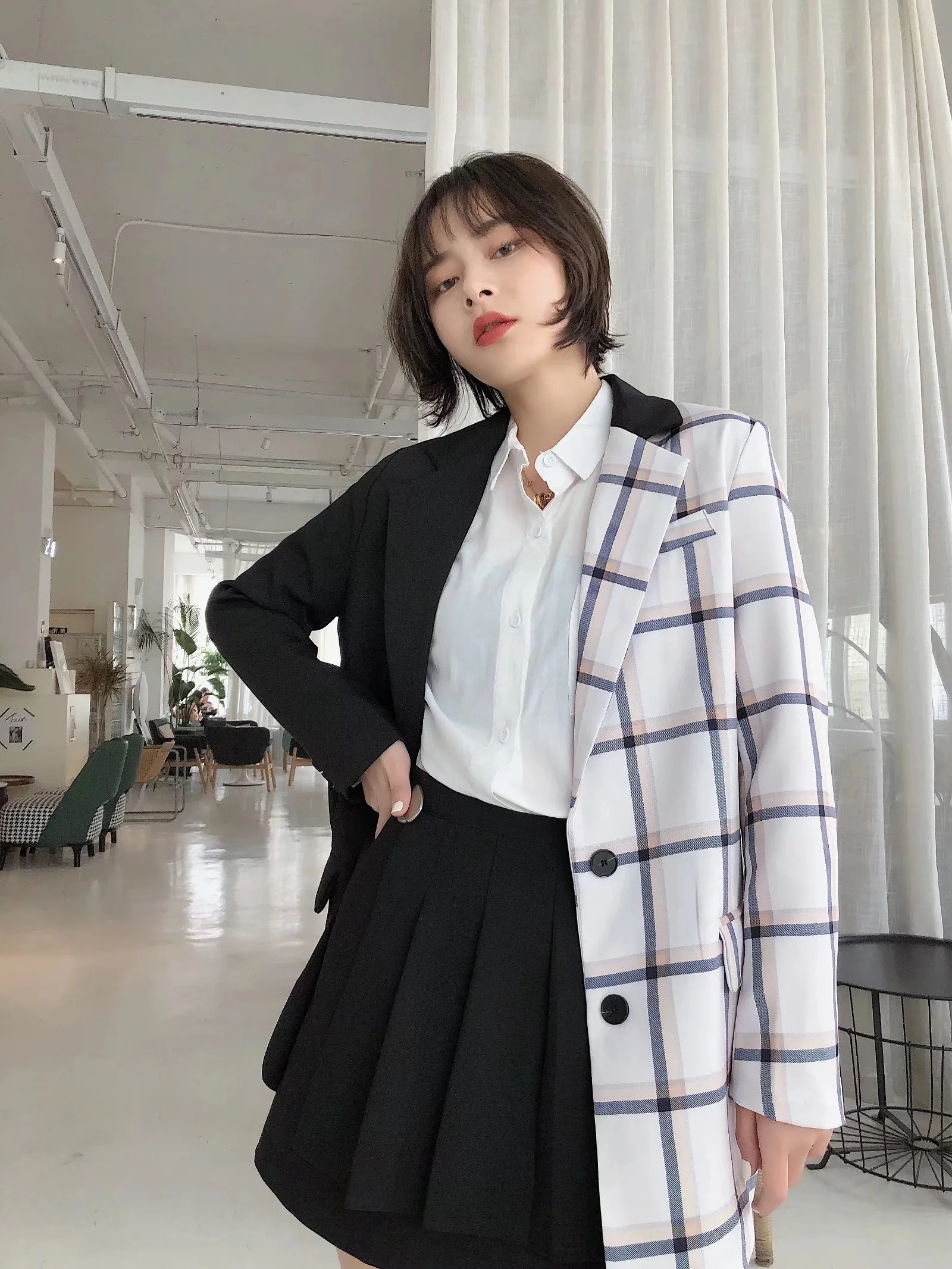 

Boyfriend friend style Women Contrast color Suit Coat Fashion Femme 2020 Autumn Asymmetry Stitching Check Gingham Plaid Blazer