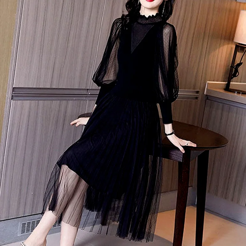 

French first love Platycodon grandiflorum skirt net yarn dress 2021 new fashion long skirt puff sleeve waist slimming knit