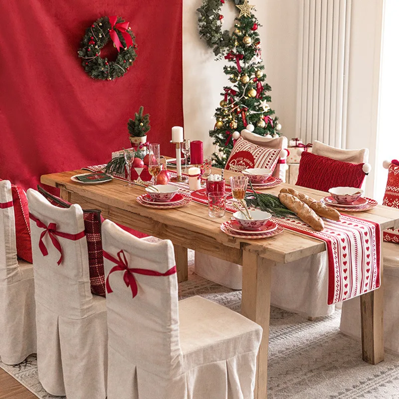 Camino de mesa navide&ntilde;o, cubierta de mesa blanca y roja de copos de nieve para restaurante, Hotel, camino de mesa navide&ntilde;o, decoraci&oacute;n del hogar-4