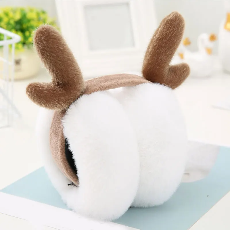 Модные складные наушники с рогами зимние теплые женские мягкие плюшевые