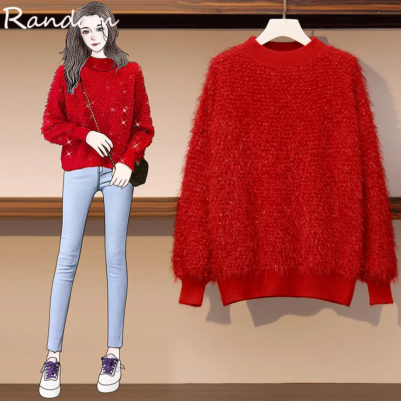 2020 Fall Winter Clothes Thick Cashmere Women Sequin Oversized Sweater Pullover Knitted Wool Ladies Jumper Plus Size 5XL Big Top | Женская