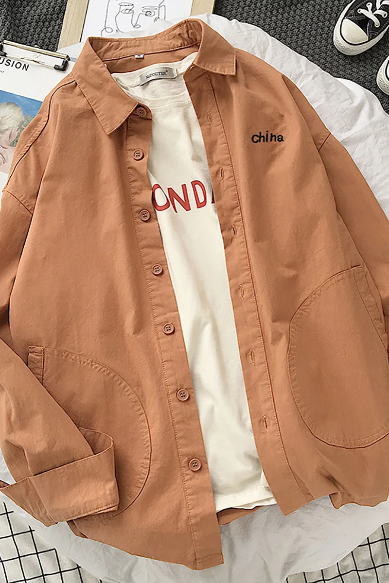 

Fashion 2021 Spring Japanese solid color long-sleeve Cargo shirt male students trend casual loose overalls shirt camisa hombre