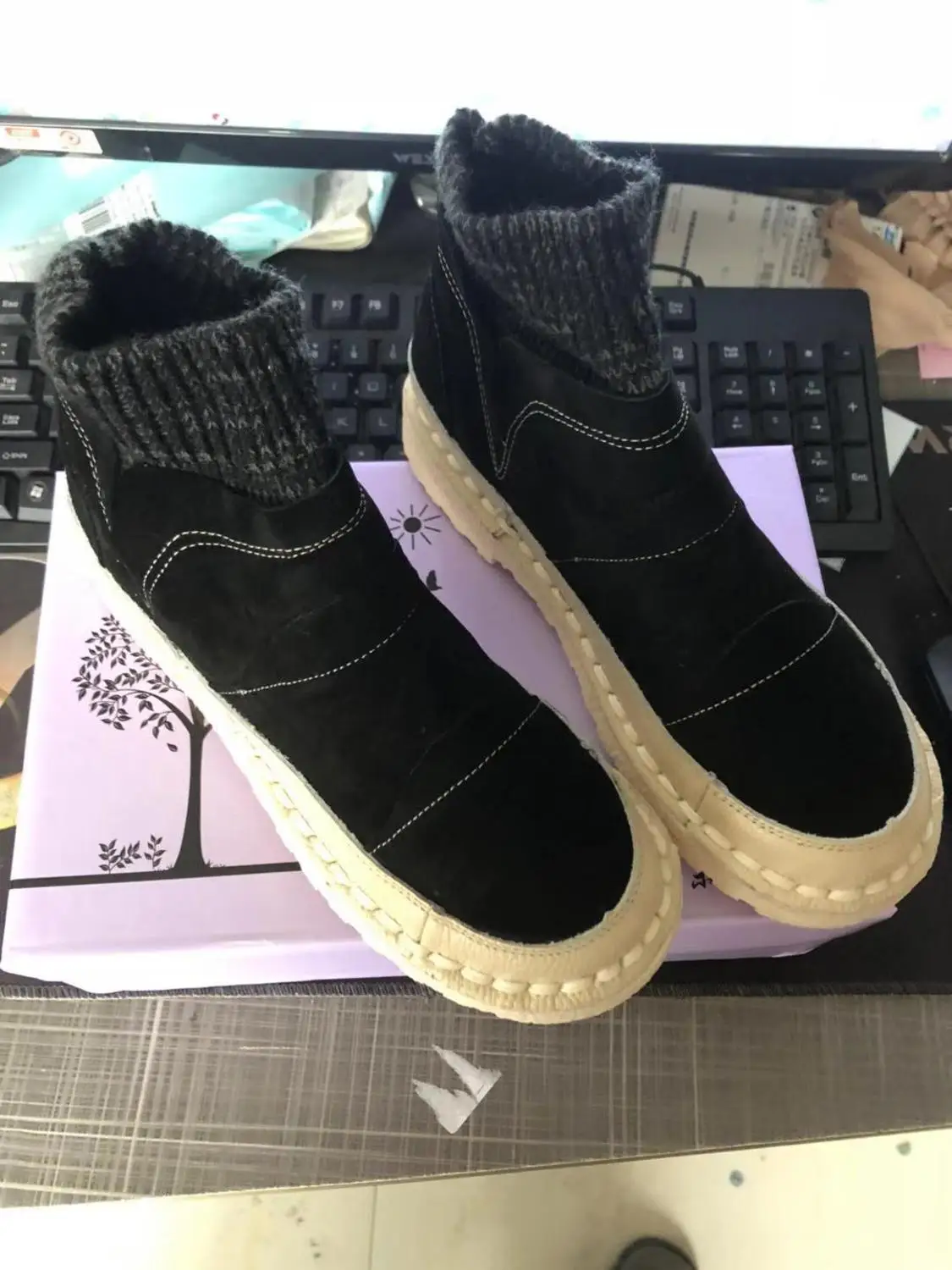 Cow Suede Black HUIFENGAZURRCS/женские ботинки из натуральной кожи; Ботинки Martin на мягкой подошве; оригинальные Прошитые вручную ботинки с шерстяной подкладкой - Цвет: Cow Suede Black