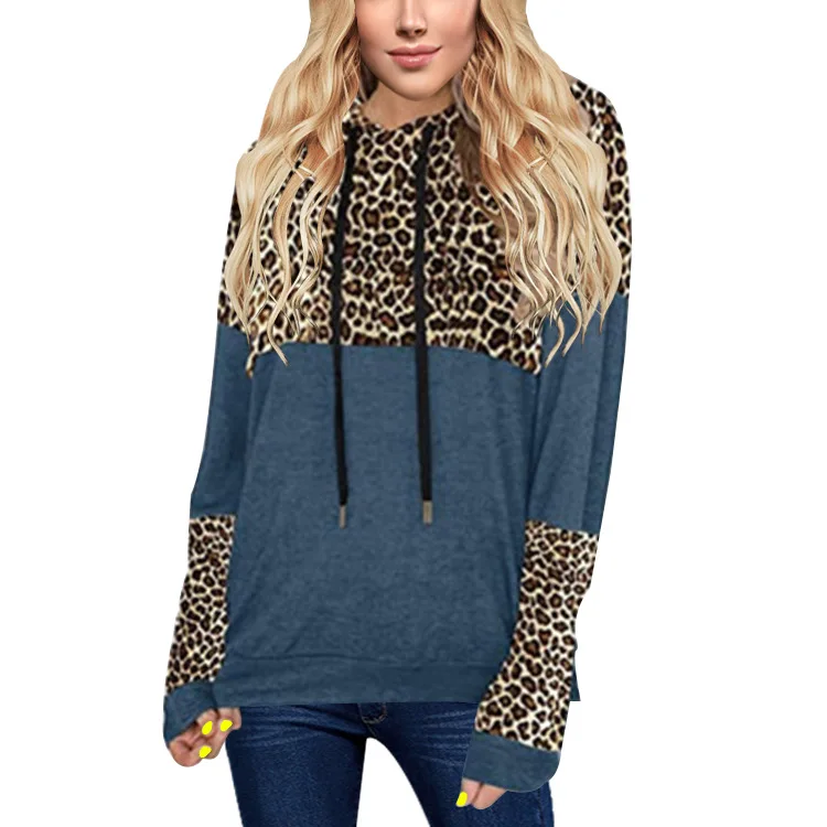 

Autumn Leopard Print Women Sweater Stitching Long-sleeve Leopard Print Pullover Hooded Loose Women Sweater Streetwear Outerwear