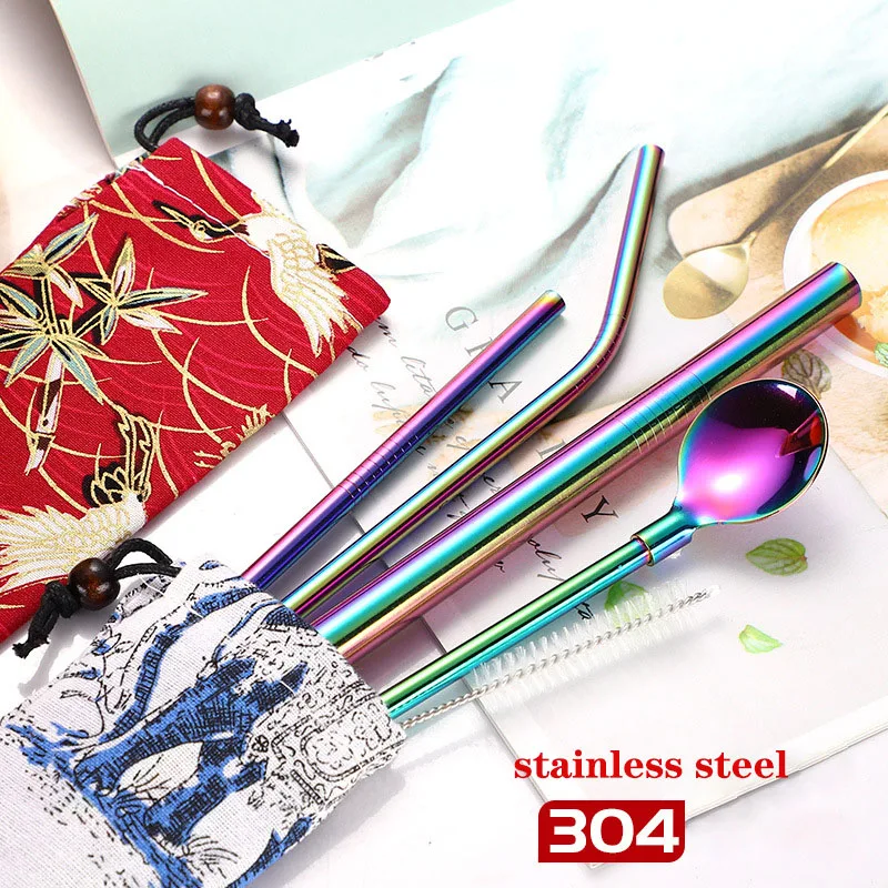 

High-quality stainless steel metal straws Colorful reusable straws with cleaning brush straw set for festive party party bar mug
