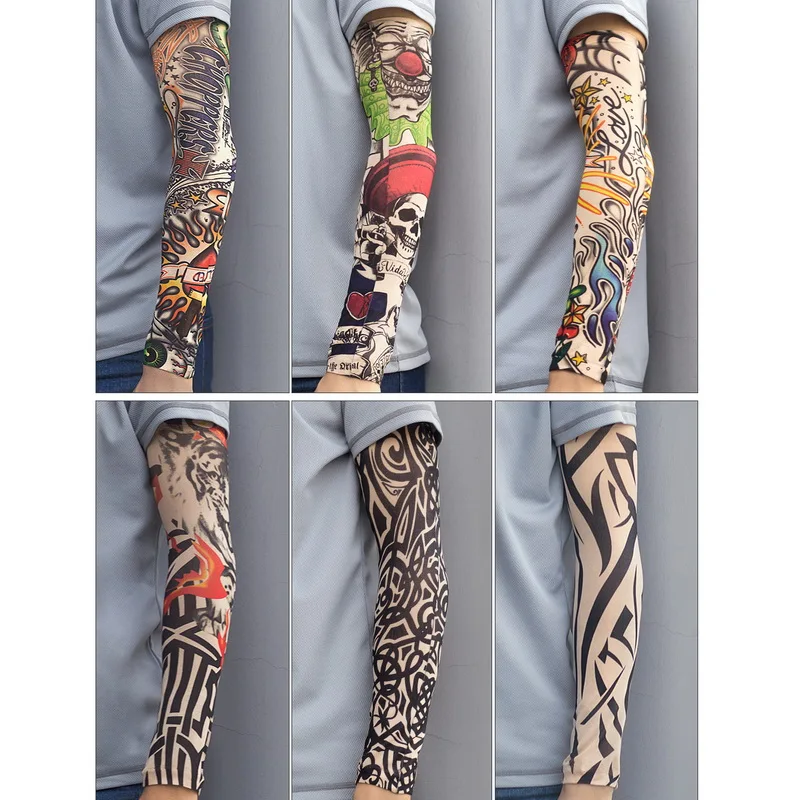 

Fake Temporary Tattoo Sleeves Tattoos Full Long Slip On Arm Tattoo Sleeve Kit Men Elastic Nylon Glove Tattoos black skull design