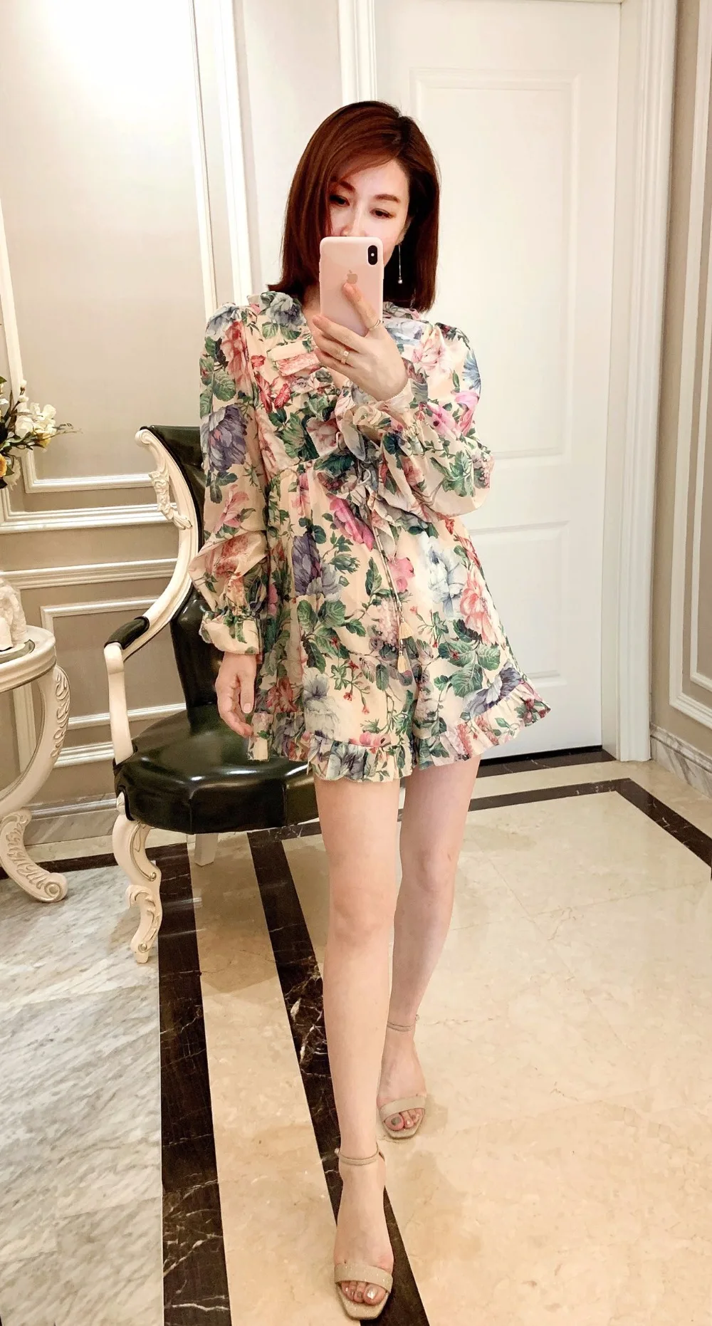 Women's New Summer Linen+ Silk Printing V-neck Long Sleeve Lacing Ruffle Fashion Playsuits