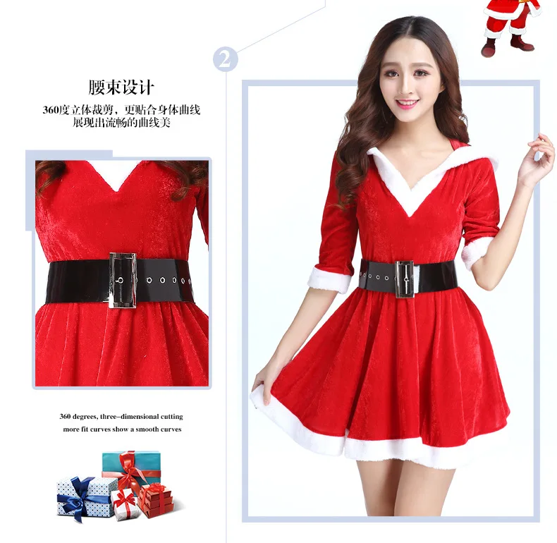 Christmas dress with belt Sexy womens Christmas costume Santa suit short sleeve plush warm fancy pleated dress