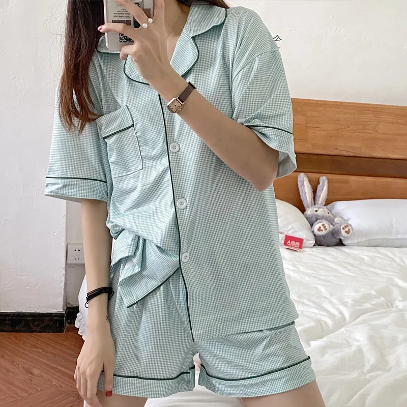 CAIYIER Women's Pajamas Suit Summer Shorts Korean Checked Print Short Sleeve Kawaii Sleepwear 2Piece Set Plaid Leisure Nightgown