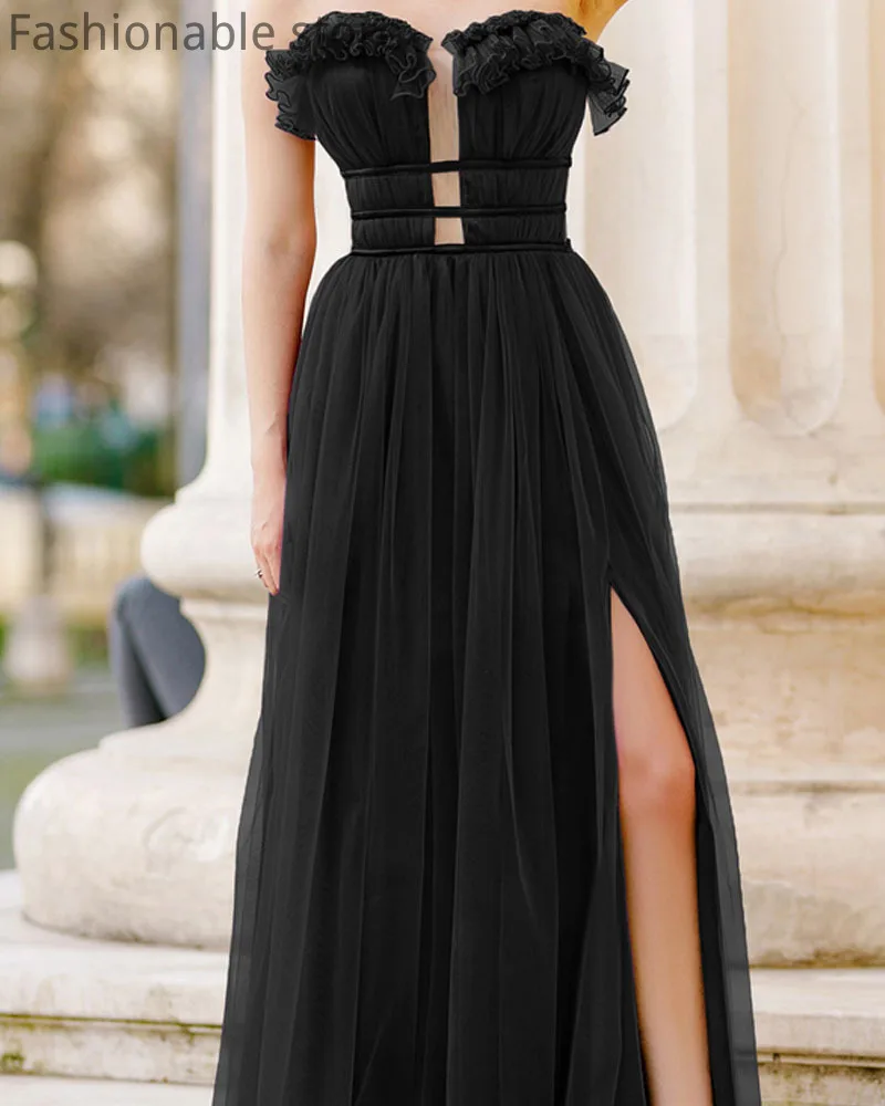 

Women Off Shoulder Ruched Design Slim High Slit Strapless Maxi Dress