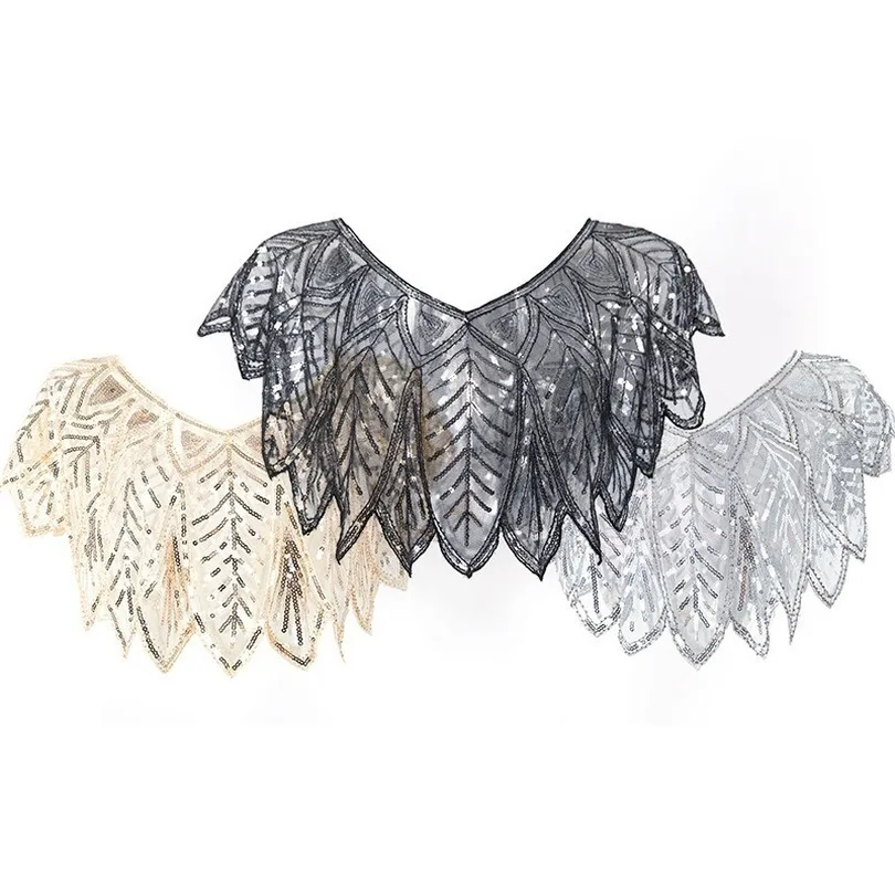 

Women Scarves 1920s Flapper Embroidery Fringe Shawl Cover Up Gatsby Party Beaded Sequin Cape Vintage Mesh Scarf Wraps for