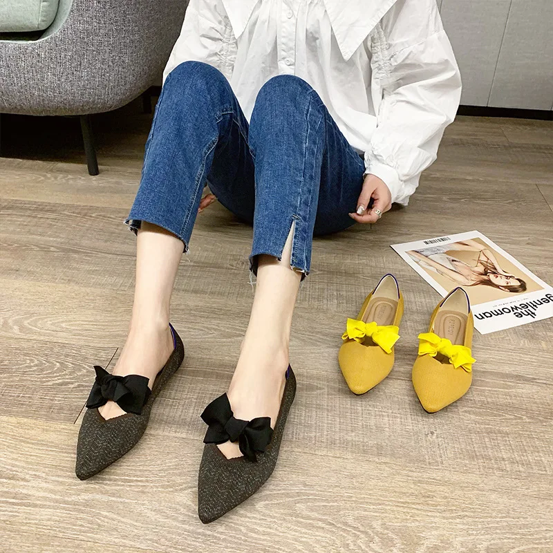 Casual Women's Flat Shoes Ballet Shoes Breathable Knit Pointed Shoes Moccasin Mixed Color Soft Pregnant Shoes Zapatos De Mujer