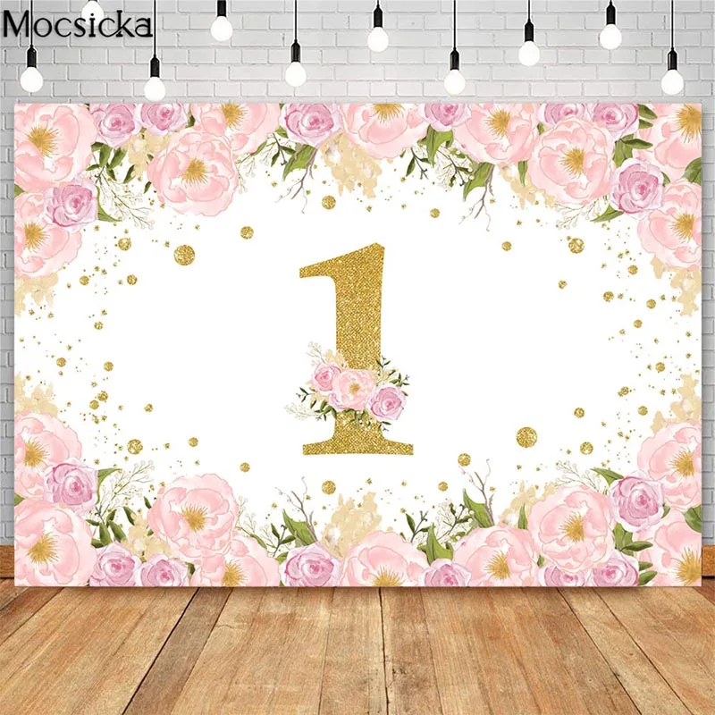 

Girls 1st Birthday Party Backdrops Pink Watercolor Flowers Photography Background Golden Point Cake Table Decorations Banner