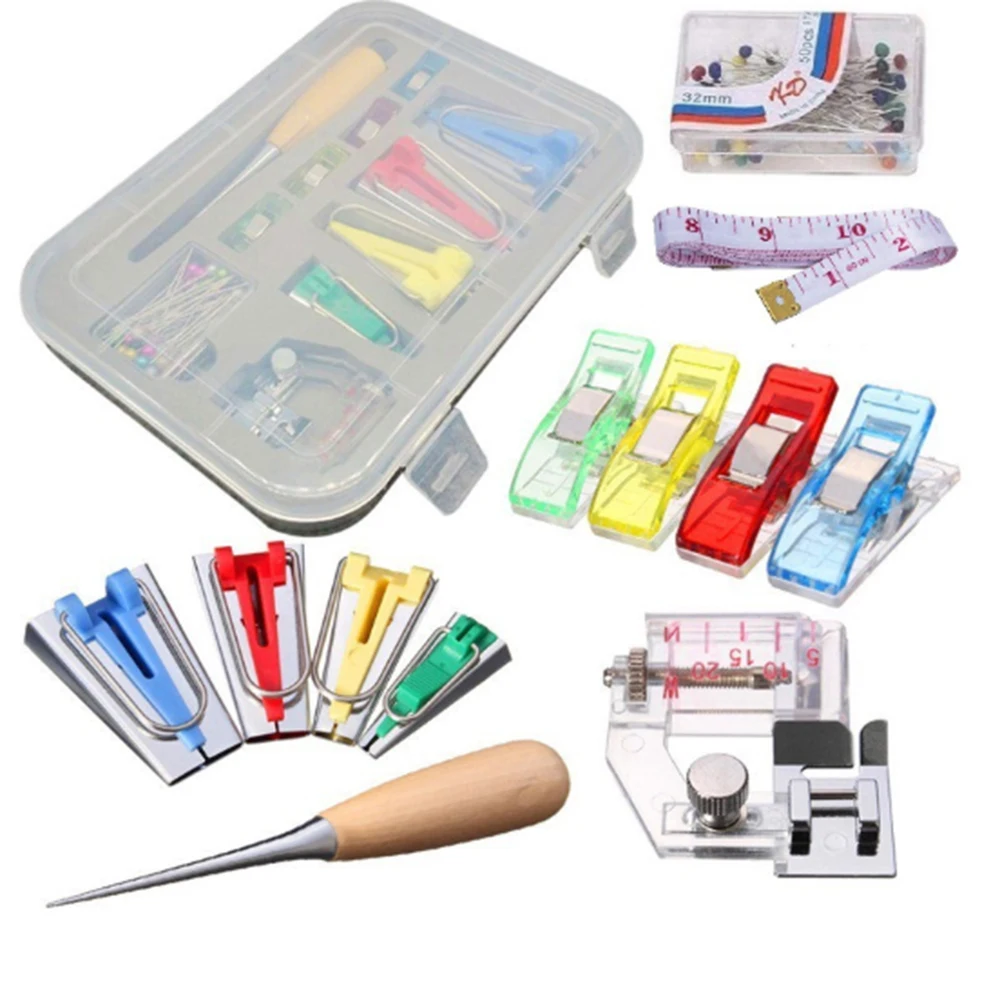 

12pcs Fabric Bias Binding Tape Maker Kit Binder Foot Wooden Awl Clips Pins Household DIY Sewing quilting Tools Set Accessories