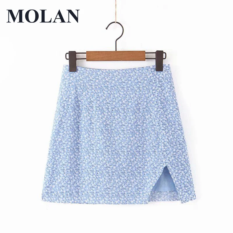 

MOLAN Woman Sexy Print Split Skirt Fashion Sky Blue Stright Cotton Casual Vintage Summer New Female 2021 New High Quality Skirt