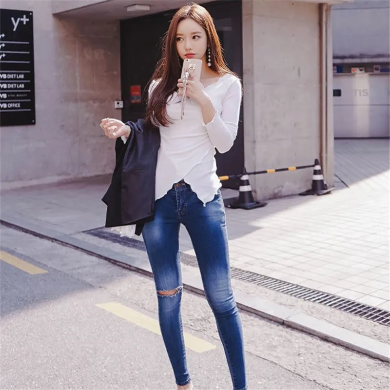 Женская эластичная футболка облегающий Топ с длинным рукавом в Корейском стиле