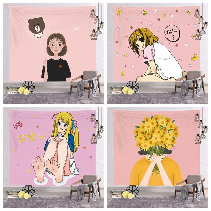 

Мультяшный розовый гобелен, украшение для комнаты, домашнее кавайное украшение для комнаты, гобелен для комнаты, спальни, рабочего стола, пр...