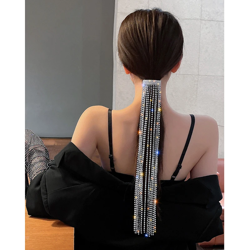 

Long Tassel Crystal Hair Accessories Shine Full Rhinestone Hairpins for Women Bijoux silver Wedding Banquet Jewelry