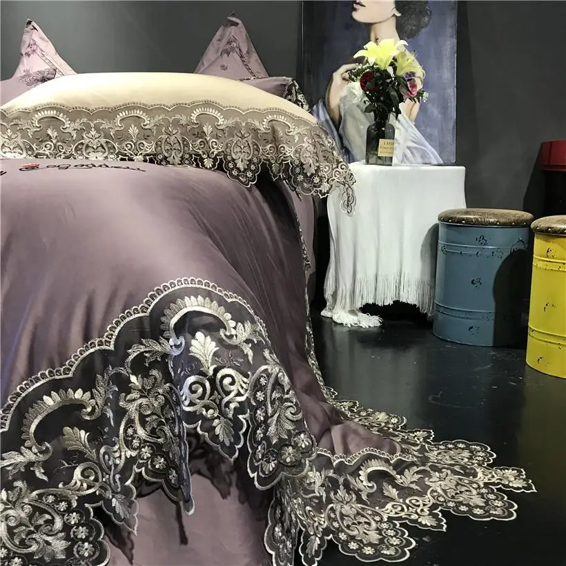

J 4 4/7pcs Light purple Lace Embroidery Egyptian cotton Royal Princess Wedding Bedding Set Duvet Cover Bed sheet Pillowcases