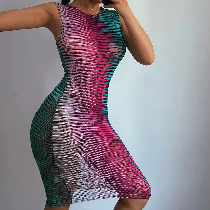 

Fashion Trend 2021 Night Party Club Dress For Women Clothes Zebra See Through Sexy Dresses Sleeveless Tie Dye Vestido Feminino