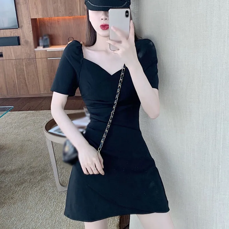 

New Summer Dress Women's Solid Square Collar Fashion Asymmetrical Dresses Slim Sexy Puff Sleeves Above Knee Mini Dress