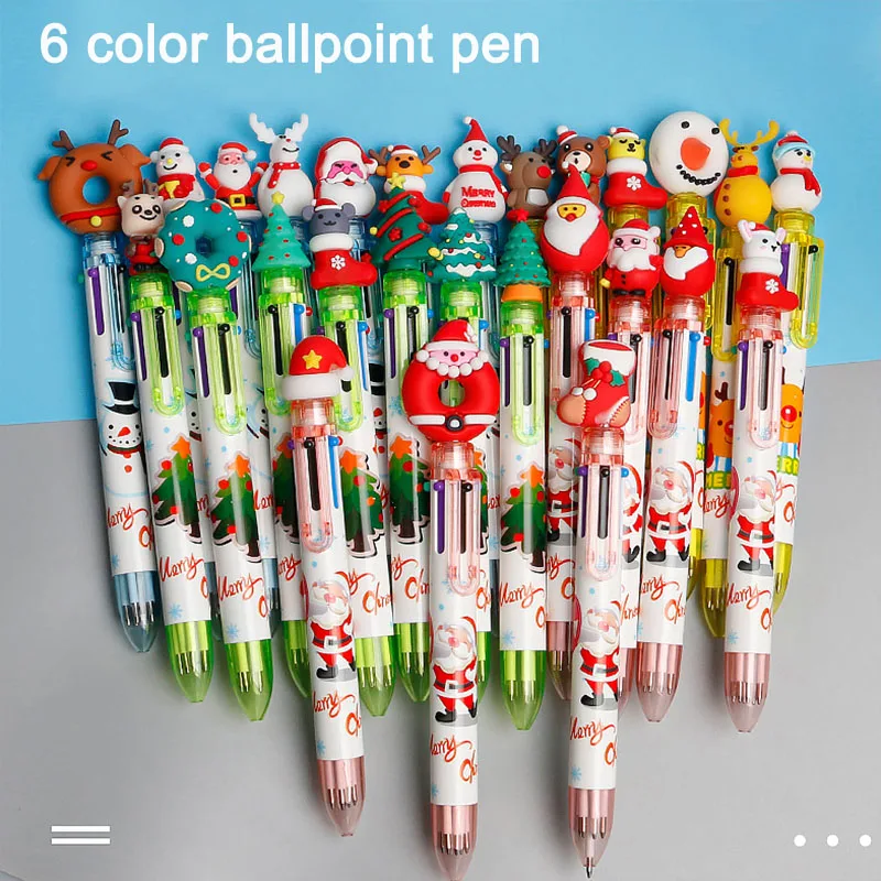 

Милые рождественские шариковые ручки Kawaii, 6 разноцветных ручек, цветные стержни, школьные и офисные принадлежности, канцелярские товары, ро...