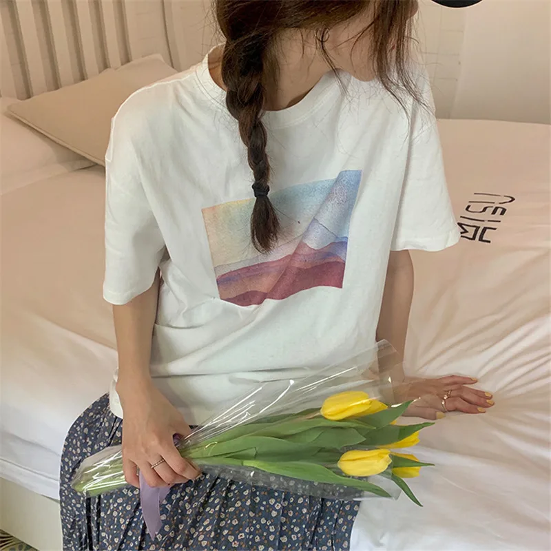 

Limiguyue Vintage Landscape Painting Women Tops Casual Short Sleeve T-shirt Cotton Round-neck White Tees Summer T Shirt K1758