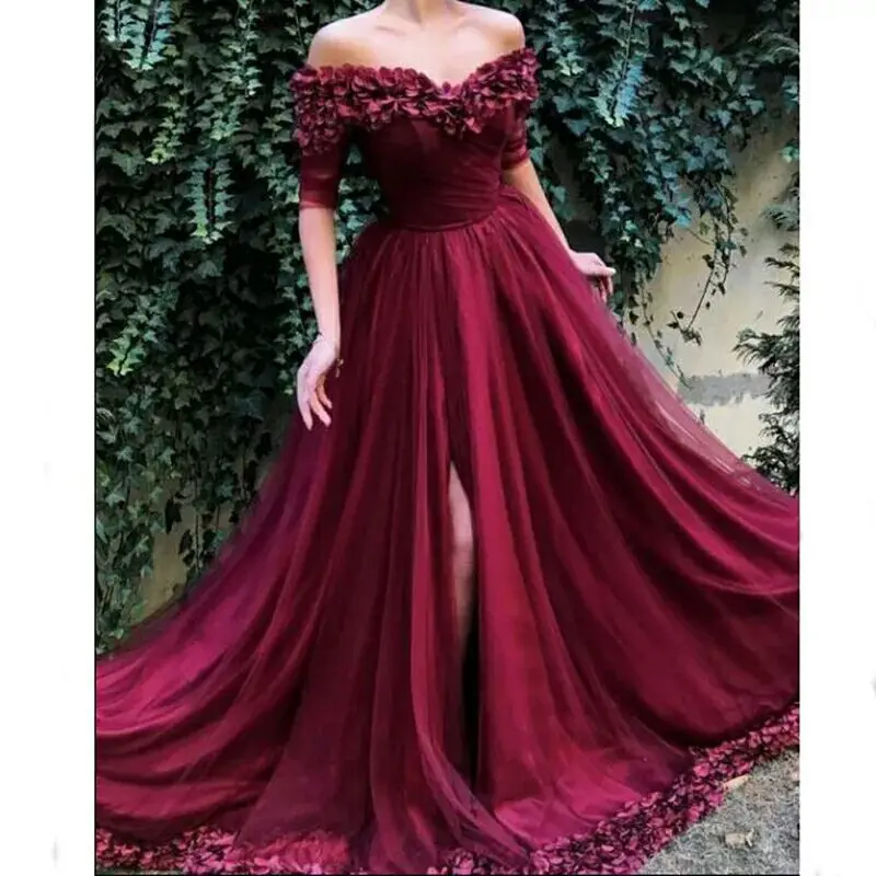 Новое прибытие вечернее платье Формальное vestido noiva sereia выпускного вечера вечерние robe de soiree пикантные с разрезом сбоку 3d-цветочные Кружева Половина рукава - Цвет: Бургундия
