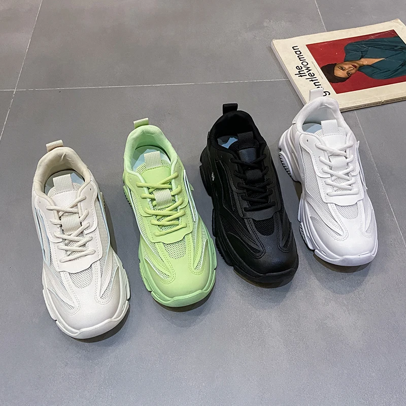 

2021 New Black Dad Chunky Sneakers Casual Vulcanized Shoes Woman High Platform Sneakers Lace Up White Sneakers Women