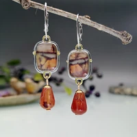 rongyu retro geometry synthetic dendrite stone drop earrings for women natural red gemstone fine jewelry fashion women best gift