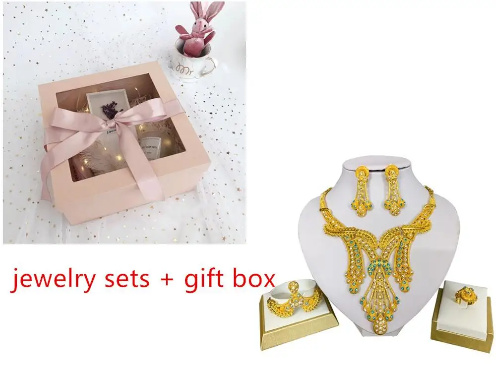 Sets blue and box LIFFLY Дубай ювелирные наборы большое ожерелье классическая форма капли воды браслет серьги кольцо для женщин Свадебные Ювелирные наборы для невесты - Окраска металла: Sets blue and box