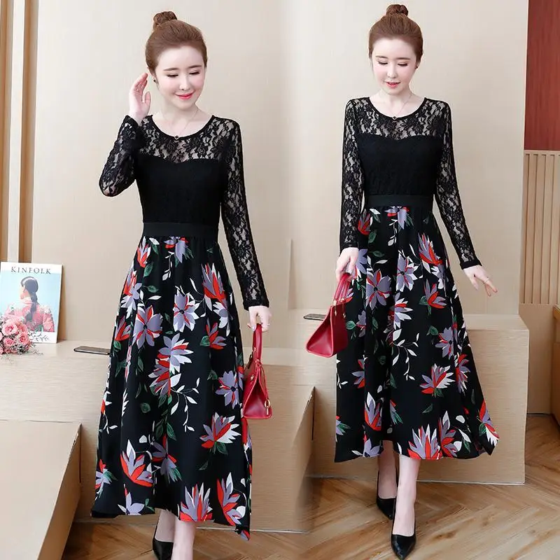 Женское повседневное кружевное платье Осеннее длинное офисное большого размера