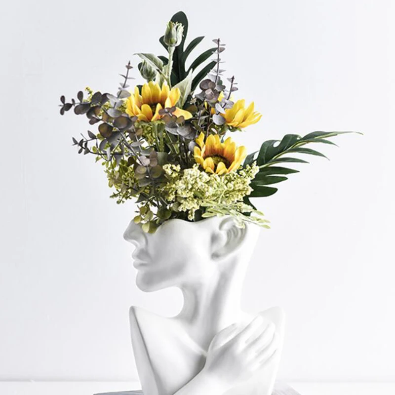 

Half Body Face Ceramic Flower Pot White Figure Sculpture Crafts Desktop Flower Arrangement Container Garden Decoration