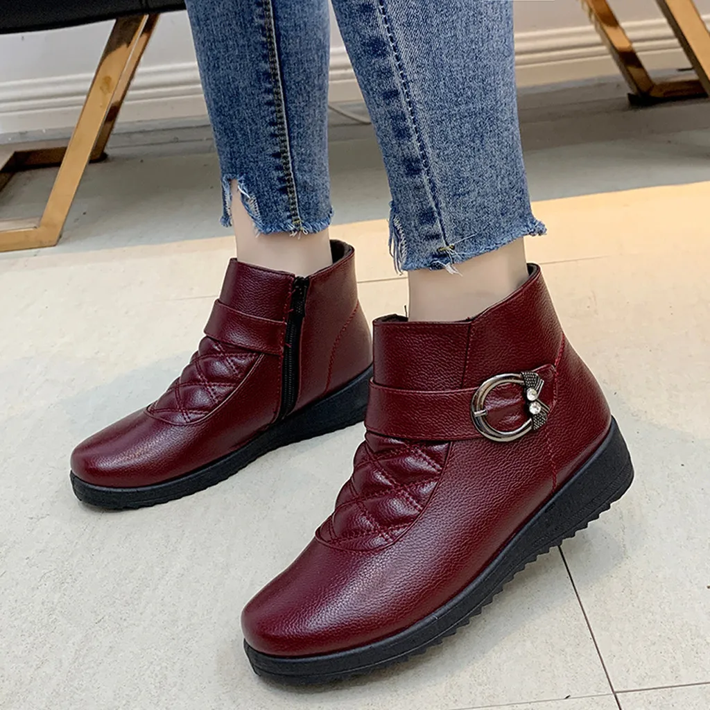 Кожаные Ботинки женская зимняя обувь на платформе Женские теплые Утепленные