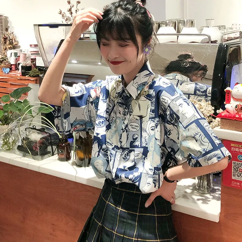 

Harajuku Women Blouse Punk Casual Loose Short Sleeve Blouses Tops Female Korean Style Blusas Mujer De Moda