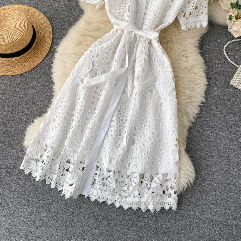 

Women Vintage Summer Flower Embroidery Short Sleeve Hollow Out Lace Midi Dress Elegant Female Sexy Sashes Party Dresses Vestidos