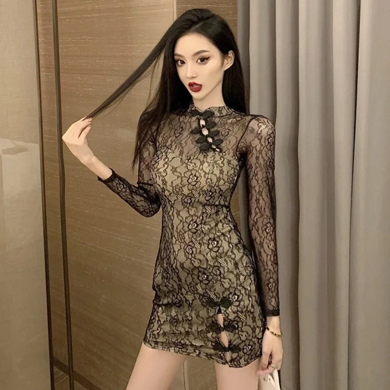 

Spring Internet Celebrity Anchor Sexy Lace Slimming Improved Cheongsam Dress Slim-fit Hip-wrapped Short Dress Women