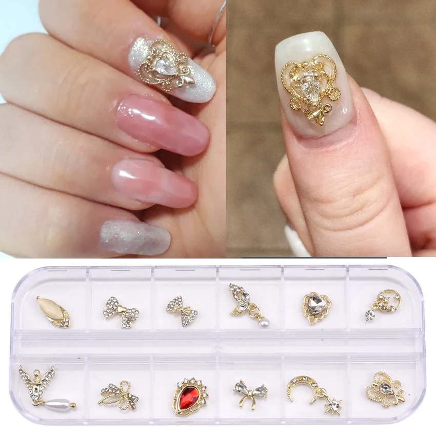 

Gold Nail Chain Pendant Crystal Drop Heart Gemstone Bow Bowknot Metal 3d Nail Art Decoration Jewerlry Craft Accessories TJ39