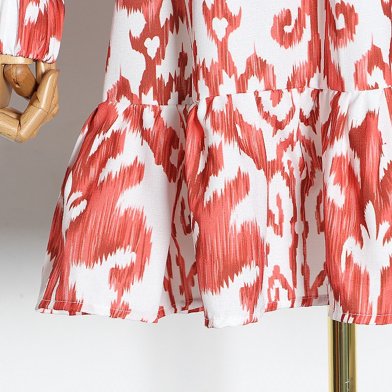 

GALCAUR Print Dress For Women O Neck Lantern Long Sleeve Hit Color Patchwork Ruffles A Line Dresses Female 2020 Fashion Clothing