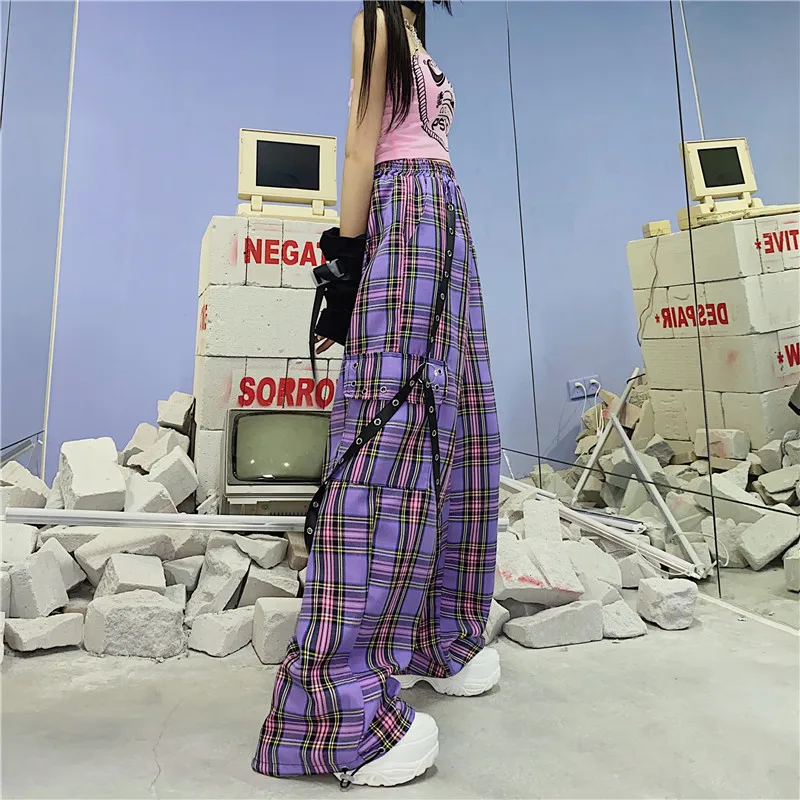 Y2K Cargo Pants Women Hippie Purple Plaid Pants Harajuku Streetwear Chain Checked Trousers High Waist Aesthetic