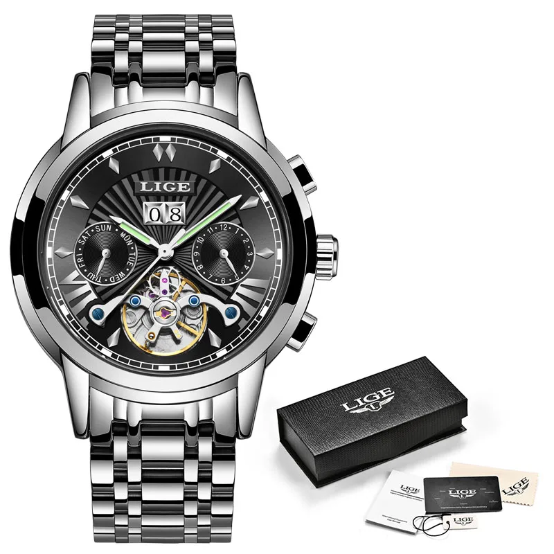 Silver black LIGE мужские s часы Топ люксовый бренд Tourbillon автоматические механические часы мужские водонепроницаемые часы со скелетом Montre Homme+ коробка - Цвет: Silver black