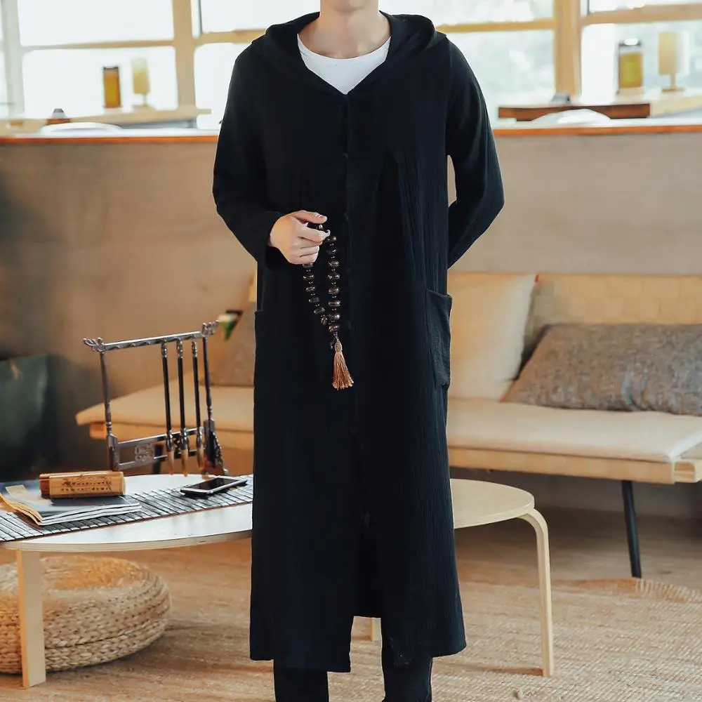 

Traditional Chinese Clothing For Men Cotton Linen Hooded Long Trench Kung Fu Tai Chi Master Costume Male China Jacket