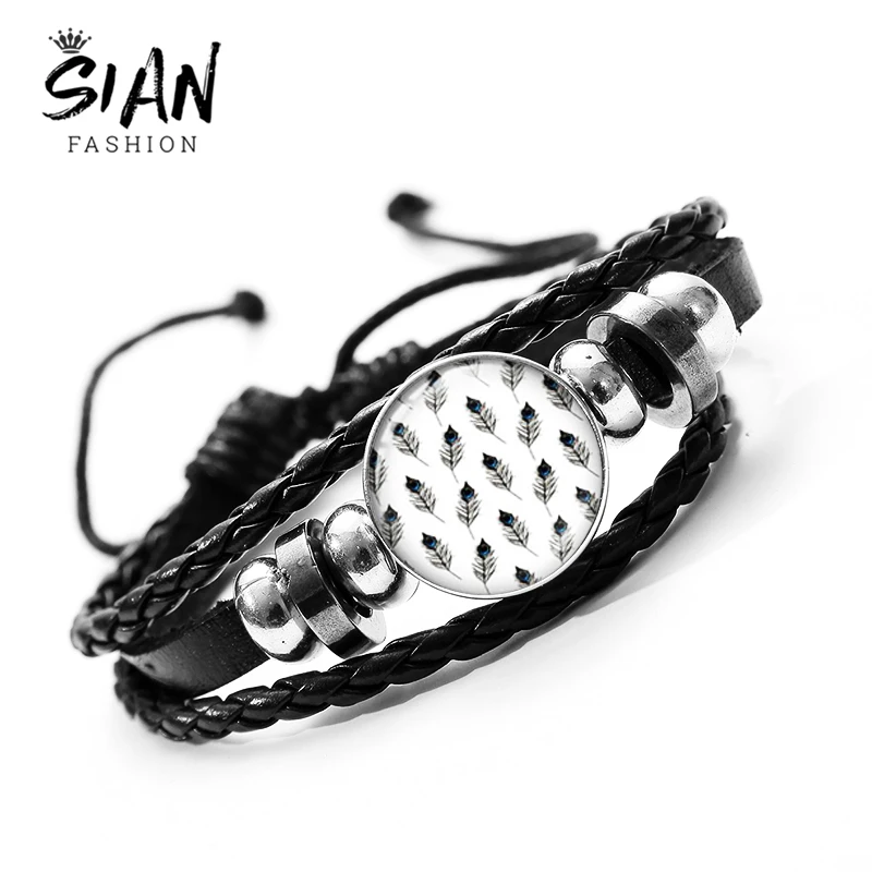 Женский браслет из ПУ кожи с перьями павлина | Украшения и аксессуары