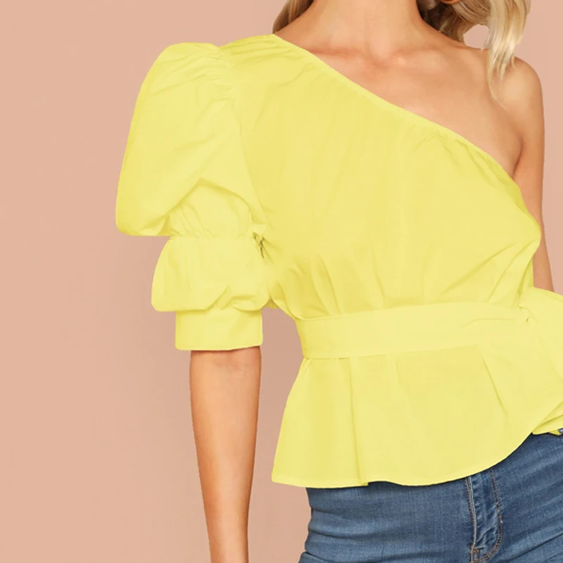 SHEIN Однотонный Топ На Одно Плечо С Пышными Рукавами И Поясом Женская Летняя Белая Элегантная Блузка С Средним Рукавом