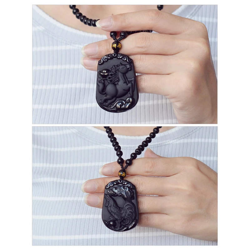 Ожерелье из натурального черного обсидиана с подвеской в виде животного амулет