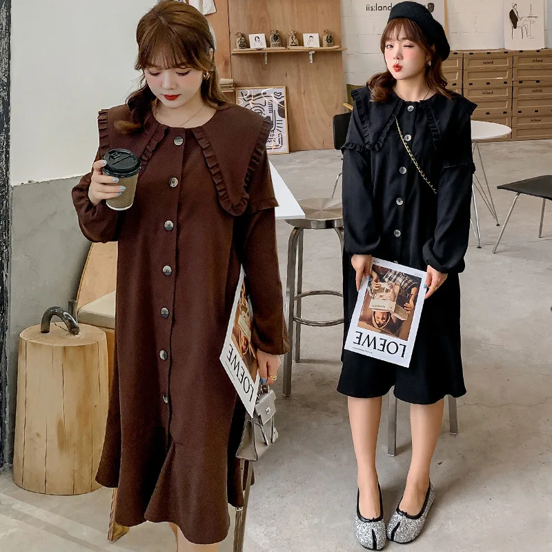 

Женское весеннее платье с кукольным воротником, однотонное платье на пуговицах размера плюс, длина до колена, повседневная одежда, 100 кг