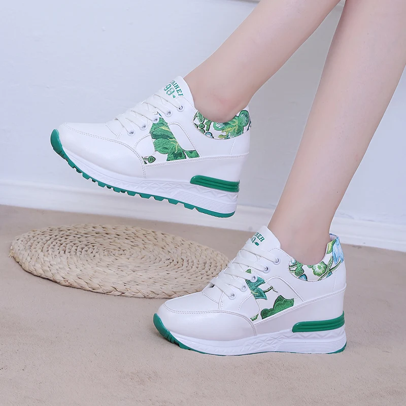 

New Spring Women Sneakers 2021 Women Casual Shoes Platform 8CM Hidden Increasing Breathable Leather Shoes High Top Sneakers