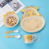 5pcsset baby feeding bowl plate dishes fork spoon cup natural bamboo fiber cute cartoon children food tableware dinnerware sets