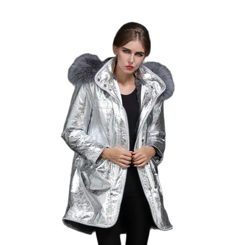 Женский Длинный тренчкот из серебристой кожи на двойной молнии Повседневная