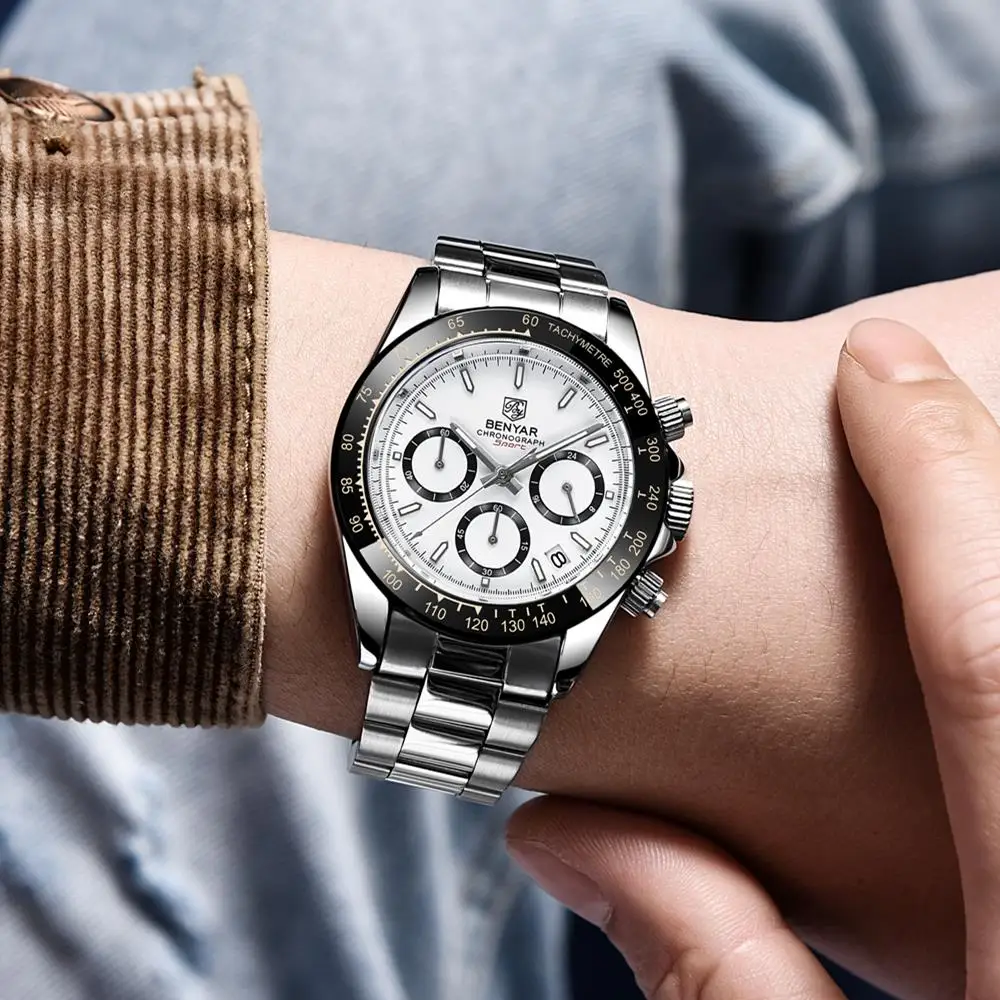 

Мужские водонепроницаемые кварцевые часы с хронографом, из нержавеющей стали